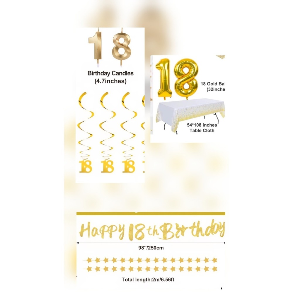 18th Birthday Decorations Set - Gold Birthday Banner, Cake Topper, Candels More